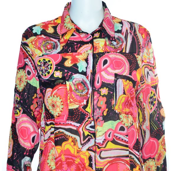 Le Caviar Y2K Music Notes Hearts Geo Print Studs Button Front Crinkle Shirt Sz L - Picture 2 of 9